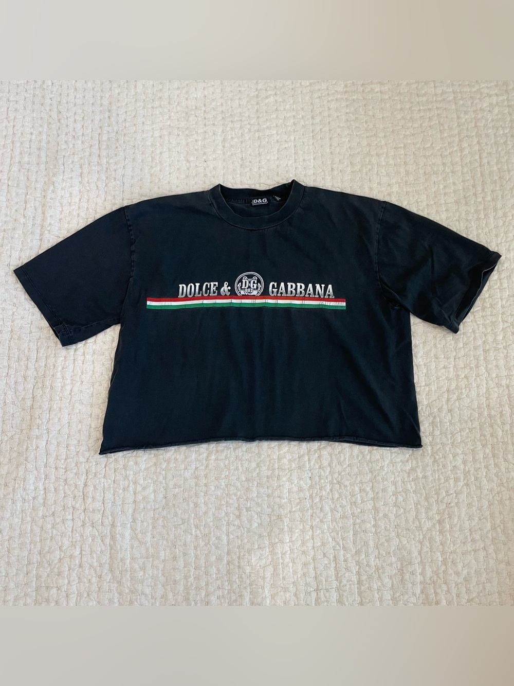 Dolce & Gabbana Black Crop Tee with Red-Green-White Stripe